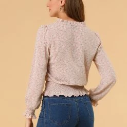 Allegra K Women's Smocked Puff Sleeve Ruffle Peplum Ditsy Floral Top Blouse