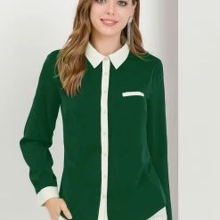 Allegra K Women's Color Block Button Up Long Sleeve Work Shirt