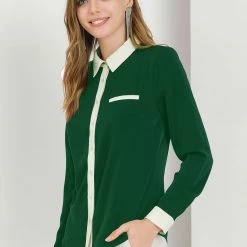 Allegra K Women's Color Block Button Up Long Sleeve Work Shirt