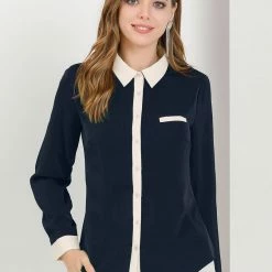 Allegra K Women's Color Block Button Up Long Sleeve Work Shirt
