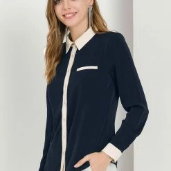 Allegra K Women's Color Block Button Up Long Sleeve Work Shirt