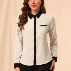 Allegra K Women's Color Block Button Up Long Sleeve Work Shirt
