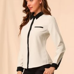 Allegra K Women's Color Block Button Up Long Sleeve Work Shirt