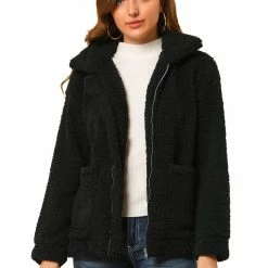 Allegra K Women's Faux Fur Lapel Zip Up Outwear Fluffy Jacket Coat
