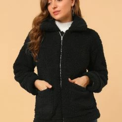 Allegra K Women's Faux Fur Lapel Zip Up Outwear Fluffy Jacket Coat