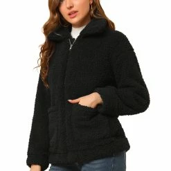 Allegra K Women's Faux Fur Lapel Zip Up Outwear Fluffy Jacket Coat