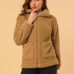 Allegra K Women's Faux Fur Lapel Zip Up Outwear Fluffy Jacket Coat