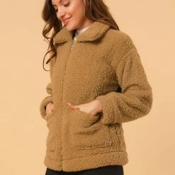 Allegra K Women's Faux Fur Lapel Zip Up Outwear Fluffy Jacket Coat