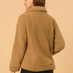 Allegra K Women's Faux Fur Lapel Zip Up Outwear Fluffy Jacket Coat