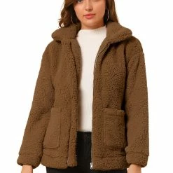 Allegra K Women's Faux Fur Lapel Zip Up Outwear Fluffy Jacket Coat