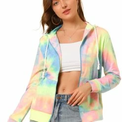 Allegra K Women's Tie Dye Zip Up Hooded Sweatshirt With Pockets