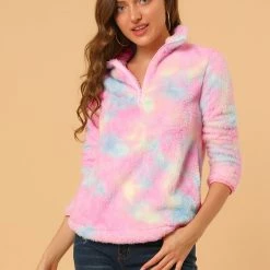 Allegra K Women's Tie-Dye Faux Fleece Pullover Stand Collar Pockets Fuzzy Zipper Fluffy Coat 35 Allegra K Women's Tie-Dye Faux Fleece Pullover Stand Collar Pockets Fuzzy Zipper Fluffy Coat
