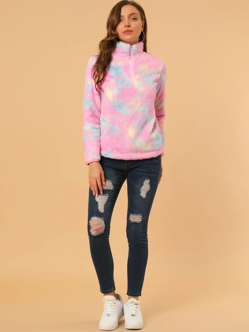 Allegra K Women's Tie-Dye Faux Fleece Pullover Stand Collar Pockets Fuzzy Zipper Fluffy Coat 18 Allegra K Women's Tie-Dye Faux Fleece Pullover Stand Collar Pockets Fuzzy Zipper Fluffy Coat