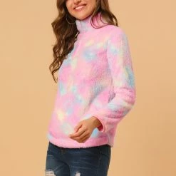 Allegra K Women's Tie-Dye Faux Fleece Pullover Stand Collar Pockets Fuzzy Zipper Fluffy Coat 37 Allegra K Women's Tie-Dye Faux Fleece Pullover Stand Collar Pockets Fuzzy Zipper Fluffy Coat