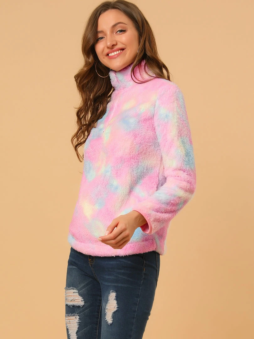 Allegra K Women's Tie-Dye Faux Fleece Pullover Stand Collar Pockets Fuzzy Zipper Fluffy Coat 19 Allegra K Women's Tie-Dye Faux Fleece Pullover Stand Collar Pockets Fuzzy Zipper Fluffy Coat