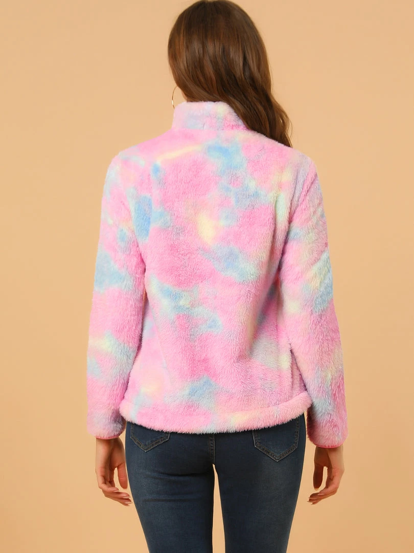 Allegra K Women's Tie-Dye Faux Fleece Pullover Stand Collar Pockets Fuzzy Zipper Fluffy Coat 20 Allegra K Women's Tie-Dye Faux Fleece Pullover Stand Collar Pockets Fuzzy Zipper Fluffy Coat