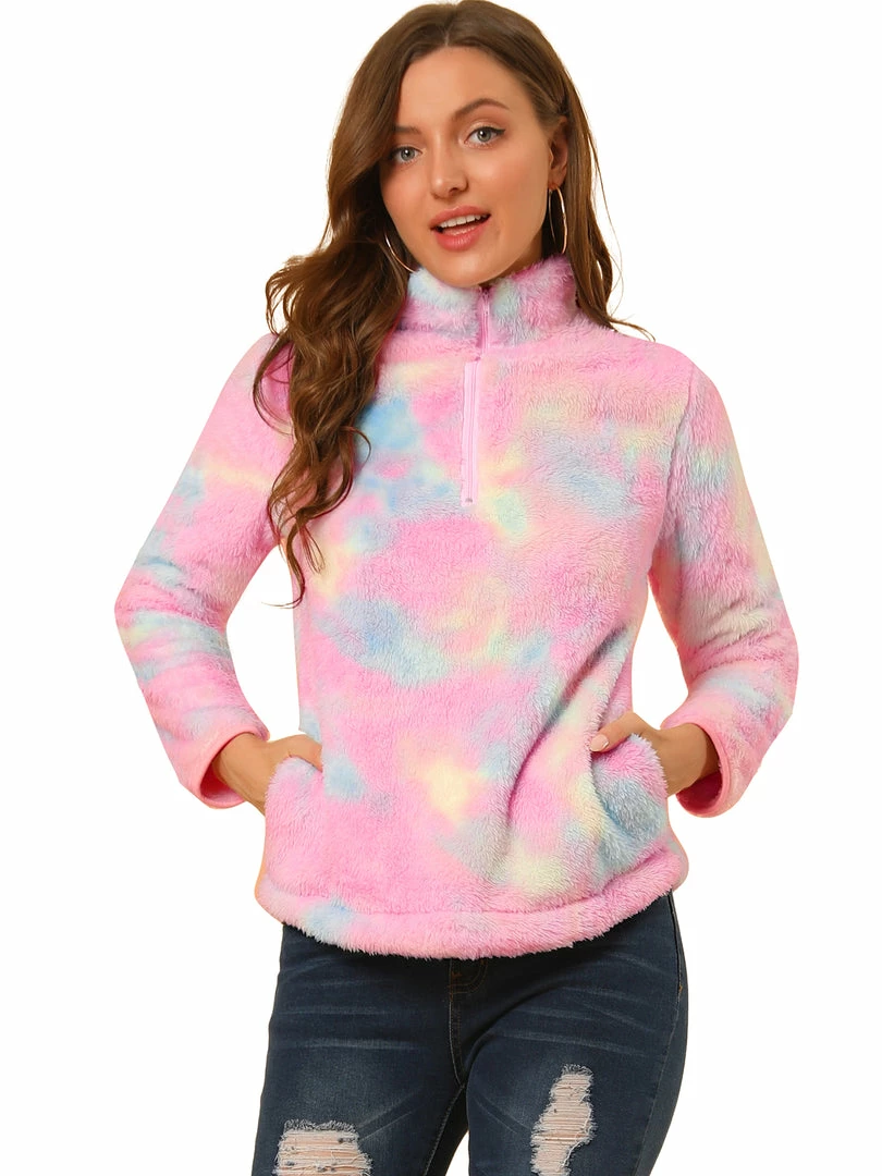 Allegra K Women's Tie-Dye Faux Fleece Pullover Stand Collar Pockets Fuzzy Zipper Fluffy Coat 16 Allegra K Women's Tie-Dye Faux Fleece Pullover Stand Collar Pockets Fuzzy Zipper Fluffy Coat