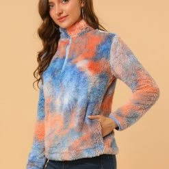 Allegra K Women's Tie-Dye Faux Fleece Pullover Stand Collar Pockets Fuzzy Zipper Fluffy Coat 29 Allegra K Women's Tie-Dye Faux Fleece Pullover Stand Collar Pockets Fuzzy Zipper Fluffy Coat