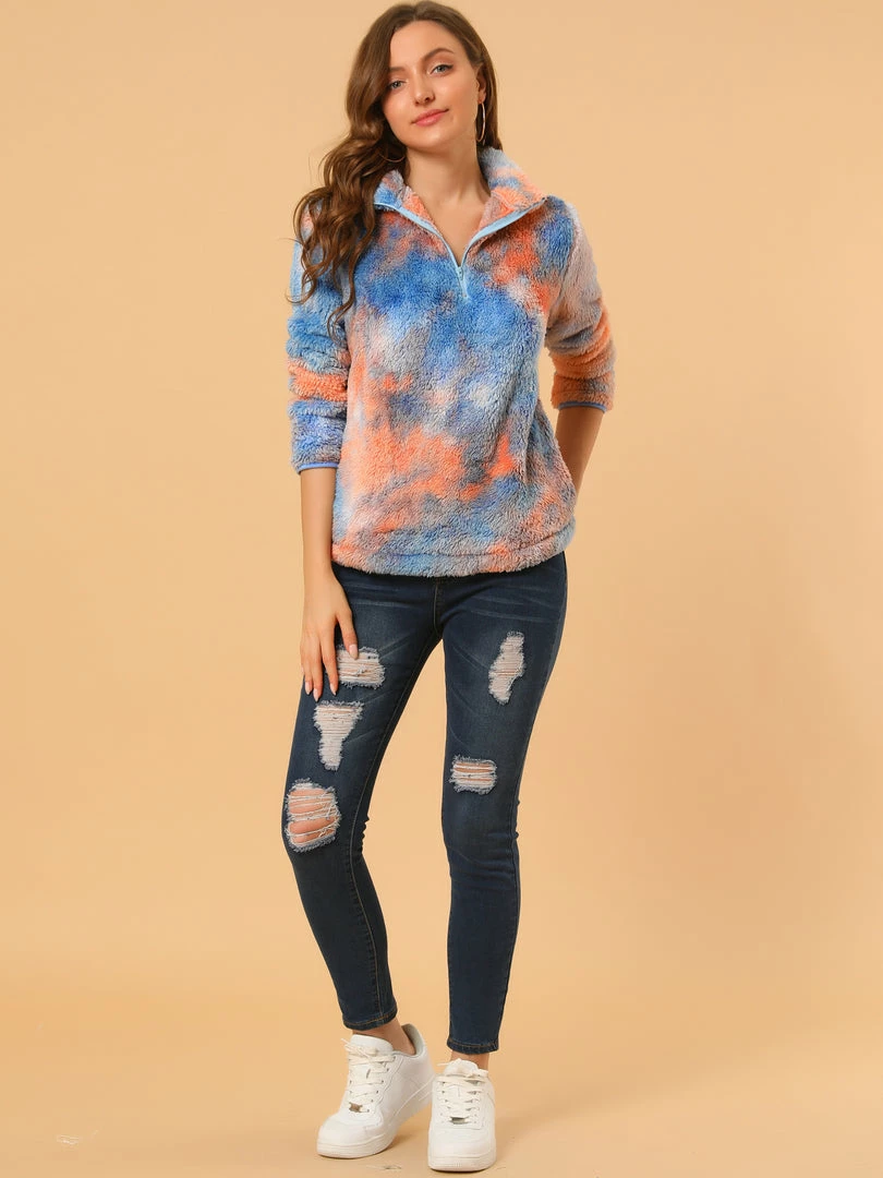 Allegra K Women's Tie-Dye Faux Fleece Pullover Stand Collar Pockets Fuzzy Zipper Fluffy Coat 12 Allegra K Women's Tie-Dye Faux Fleece Pullover Stand Collar Pockets Fuzzy Zipper Fluffy Coat