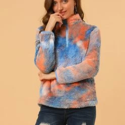 Allegra K Women's Tie-Dye Faux Fleece Pullover Stand Collar Pockets Fuzzy Zipper Fluffy Coat 31 Allegra K Women's Tie-Dye Faux Fleece Pullover Stand Collar Pockets Fuzzy Zipper Fluffy Coat