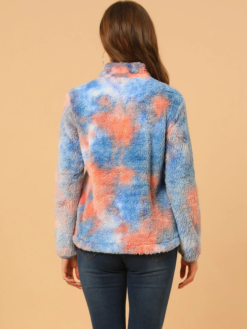 Allegra K Women's Tie-Dye Faux Fleece Pullover Stand Collar Pockets Fuzzy Zipper Fluffy Coat 14 Allegra K Women's Tie-Dye Faux Fleece Pullover Stand Collar Pockets Fuzzy Zipper Fluffy Coat