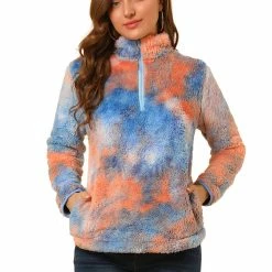Allegra K Women's Tie-Dye Faux Fleece Pullover Stand Collar Pockets Fuzzy Zipper Fluffy Coat 28 Allegra K Women's Tie-Dye Faux Fleece Pullover Stand Collar Pockets Fuzzy Zipper Fluffy Coat