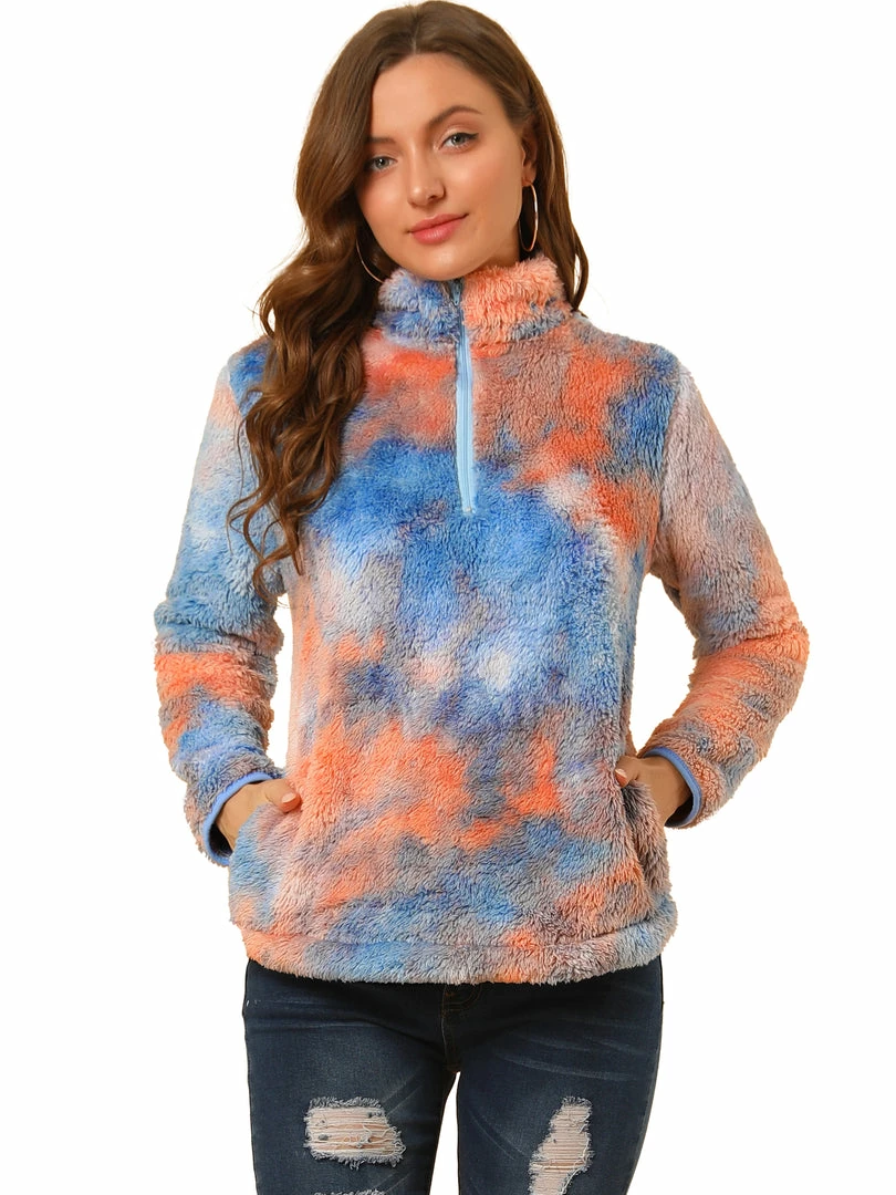 Allegra K Women's Tie-Dye Faux Fleece Pullover Stand Collar Pockets Fuzzy Zipper Fluffy Coat 10 Allegra K Women's Tie-Dye Faux Fleece Pullover Stand Collar Pockets Fuzzy Zipper Fluffy Coat