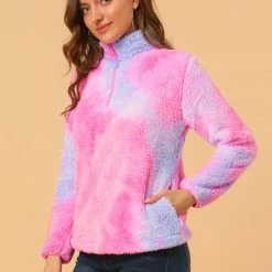 Allegra K Women's Tie-Dye Faux Fleece Pullover Stand Collar Pockets Fuzzy Zipper Fluffy Coat 23 Allegra K Women's Tie-Dye Faux Fleece Pullover Stand Collar Pockets Fuzzy Zipper Fluffy Coat