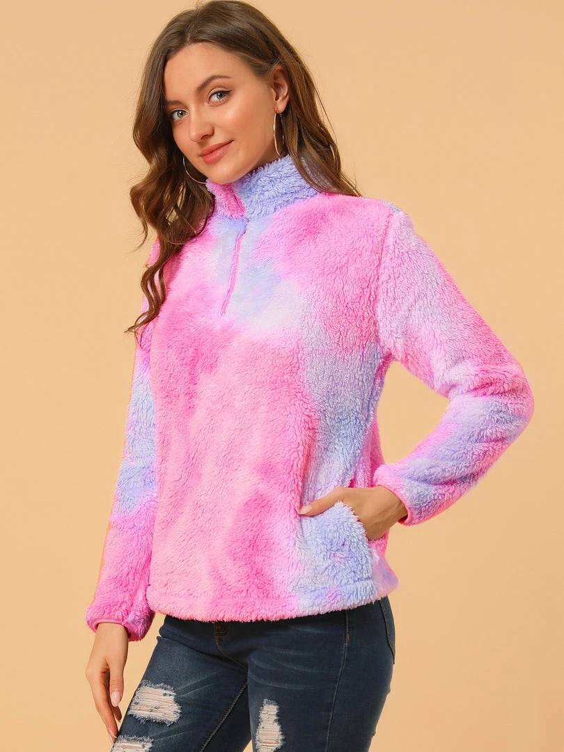 Allegra K Women's Tie-Dye Faux Fleece Pullover Stand Collar Pockets Fuzzy Zipper Fluffy Coat 5 Allegra K Women's Tie-Dye Faux Fleece Pullover Stand Collar Pockets Fuzzy Zipper Fluffy Coat