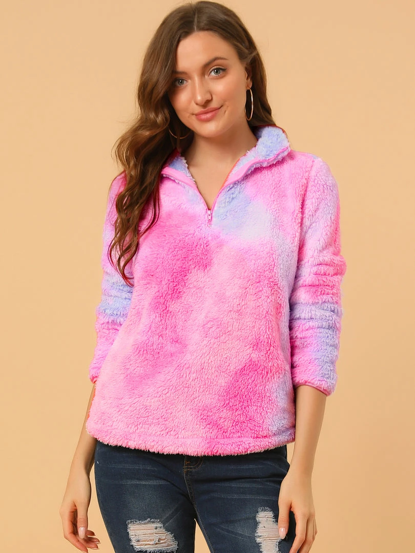 Allegra K Women's Tie-Dye Faux Fleece Pullover Stand Collar Pockets Fuzzy Zipper Fluffy Coat 6 Allegra K Women's Tie-Dye Faux Fleece Pullover Stand Collar Pockets Fuzzy Zipper Fluffy Coat