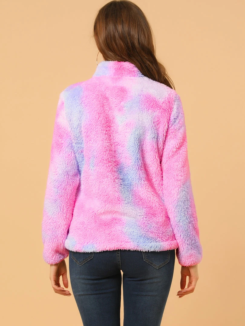Allegra K Women's Tie-Dye Faux Fleece Pullover Stand Collar Pockets Fuzzy Zipper Fluffy Coat 8 Allegra K Women's Tie-Dye Faux Fleece Pullover Stand Collar Pockets Fuzzy Zipper Fluffy Coat