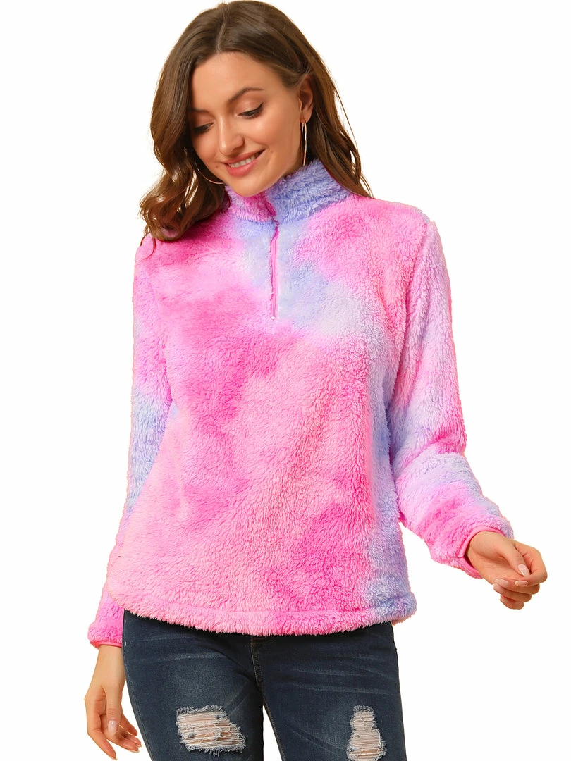 Allegra K Women's Tie-Dye Faux Fleece Pullover Stand Collar Pockets Fuzzy Zipper Fluffy Coat 4 Allegra K Women's Tie-Dye Faux Fleece Pullover Stand Collar Pockets Fuzzy Zipper Fluffy Coat