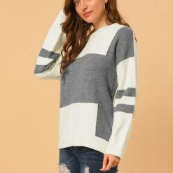 Allegra K Women's Casual Contrast Sweater Long Sleeve Round Neck Loose Knit Pullover Top