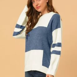 Allegra K Women's Casual Contrast Sweater Long Sleeve Round Neck Loose Knit Pullover Top