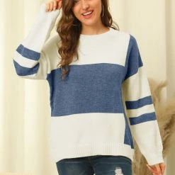 Allegra K Women's Casual Contrast Sweater Long Sleeve Round Neck Loose Knit Pullover Top