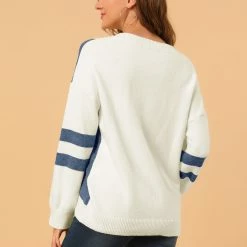 Allegra K Women's Casual Contrast Sweater Long Sleeve Round Neck Loose Knit Pullover Top