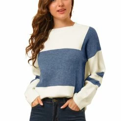 Allegra K Women's Casual Contrast Sweater Long Sleeve Round Neck Loose Knit Pullover Top