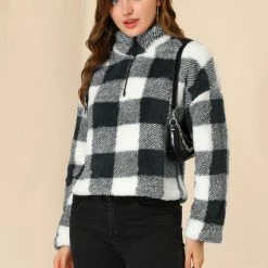 Allegra K Women's Plaid Fuzzy Zipper Casual Long Sleeve Sherpa Sweatshirt Pullover