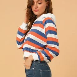 Allegra K Women's Casual Hoodies Long Sleeve Striped Crop Top Sweatshirt Pullover
