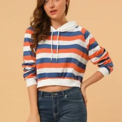 Allegra K Women's Casual Hoodies Long Sleeve Striped Crop Top Sweatshirt Pullover