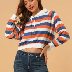 Allegra K Women's Casual Hoodies Long Sleeve Striped Crop Top Sweatshirt Pullover