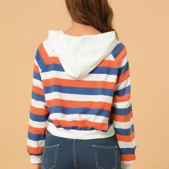 Allegra K Women's Casual Hoodies Long Sleeve Striped Crop Top Sweatshirt Pullover