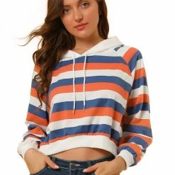 Allegra K Women's Casual Hoodies Long Sleeve Striped Crop Top Sweatshirt Pullover