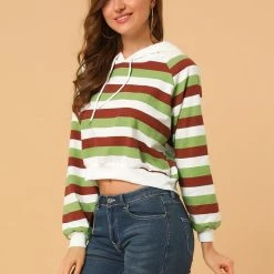 Allegra K Women's Casual Hoodies Long Sleeve Striped Crop Top Sweatshirt Pullover
