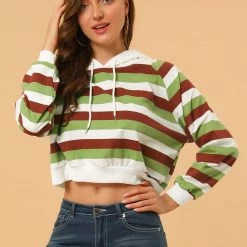Allegra K Women's Casual Hoodies Long Sleeve Striped Crop Top Sweatshirt Pullover