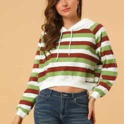 Allegra K Women's Casual Hoodies Long Sleeve Striped Crop Top Sweatshirt Pullover