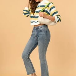 Allegra K Women's Casual Hoodies Long Sleeve Striped Crop Top Sweatshirt Pullover