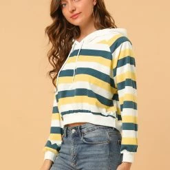 Allegra K Women's Casual Hoodies Long Sleeve Striped Crop Top Sweatshirt Pullover