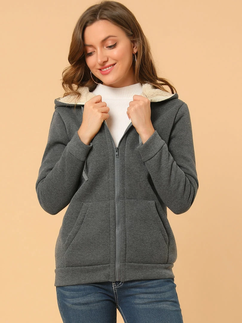 Allegra K Women's Fluffy Sherpa Fleece Lined Zip Up Hooded Sweatshirt Jackets 5 Allegra K Women's Fluffy Sherpa Fleece Lined Zip Up Hooded Sweatshirt Jackets