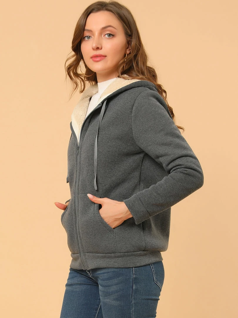 Allegra K Women's Fluffy Sherpa Fleece Lined Zip Up Hooded Sweatshirt Jackets 7 Allegra K Women's Fluffy Sherpa Fleece Lined Zip Up Hooded Sweatshirt Jackets